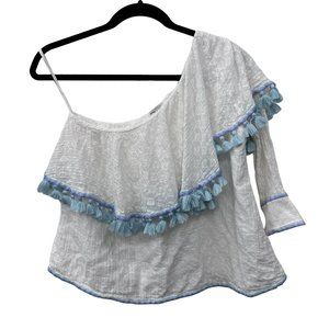 Talitha white one shoulder tassel womens‎ blouse blue  Size: S